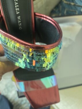 Azalea Wang Iridescent Sequin Red Block Heel Sandals